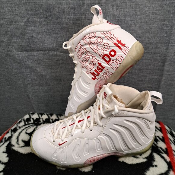 white and red just do it foamposites